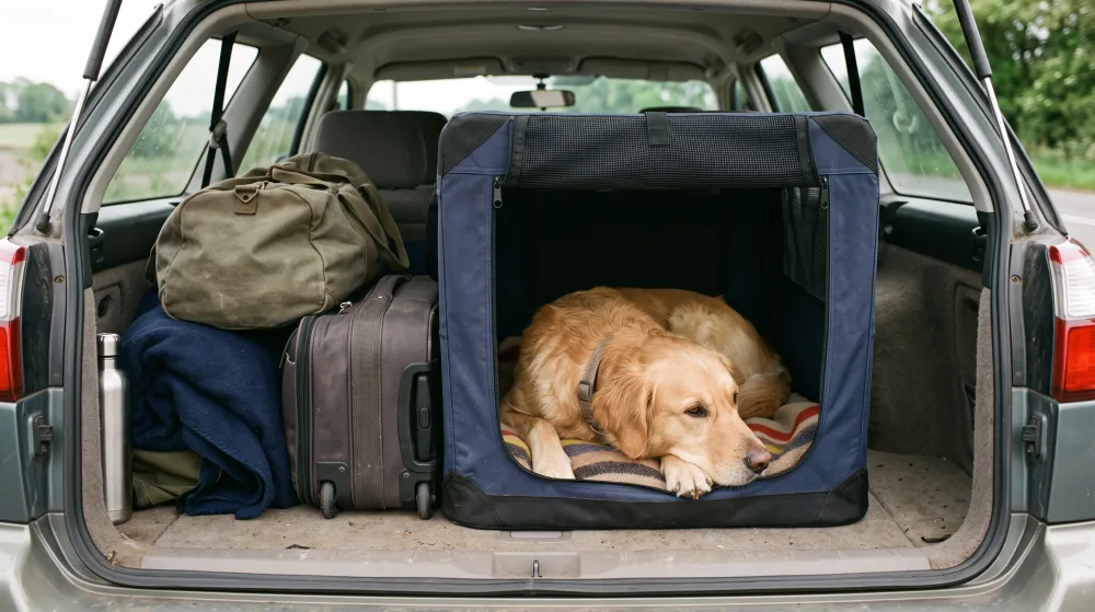Hund liegt entspannt in einer Transportbox im Kofferraum