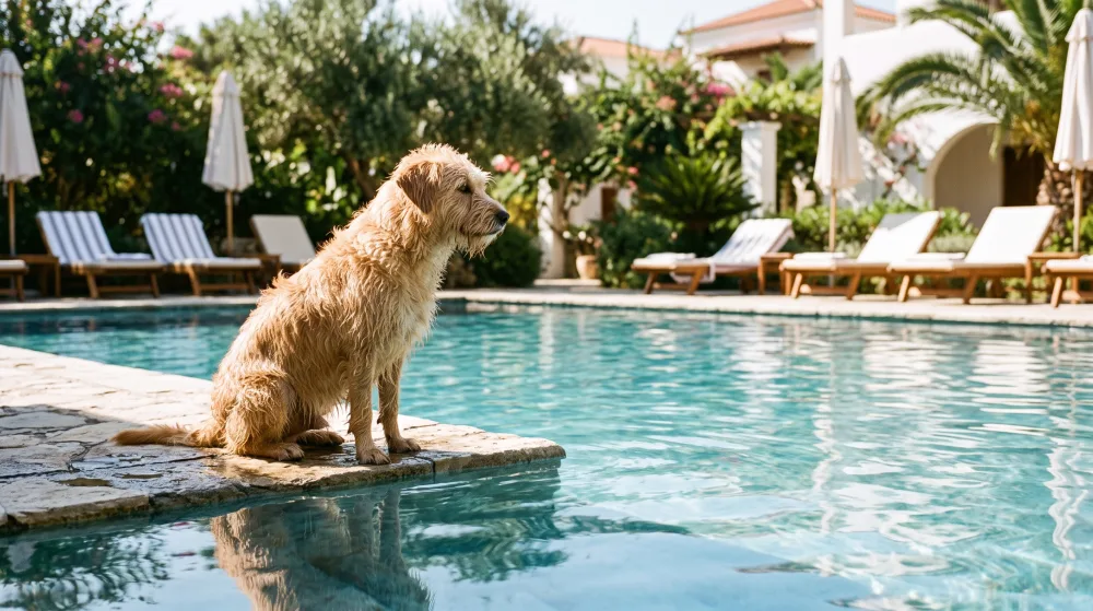 Hund sitzt am Rand eines Hotelpools im Sonnenlicht