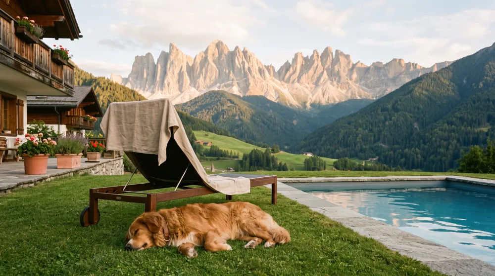Hund auf einer Liegewiese neben einem Pool vor Bergkulisse
