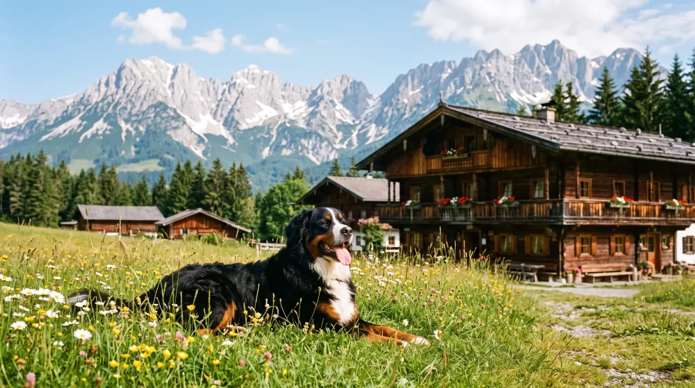Hund liegt vor Alpenpanorama auf einer Wiese neben einer Berghütte