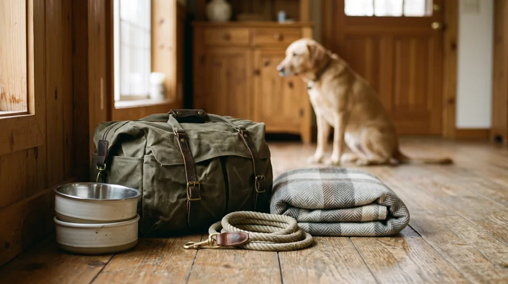 Zwei stapelbare Reisenäpfe neben einer gepackten Hundetasche