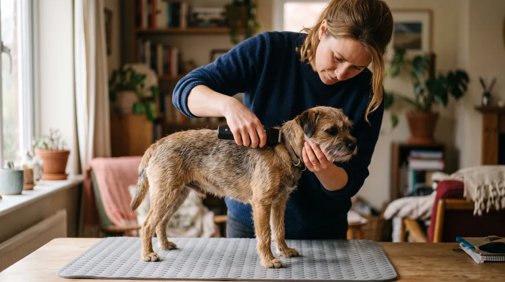 Ruhiger Hund wird auf einer Matte mit einer Akku-Schermaschine geschoren