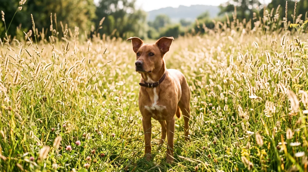 Hund mit schlichtem Halsband steht im hohen Sommergras